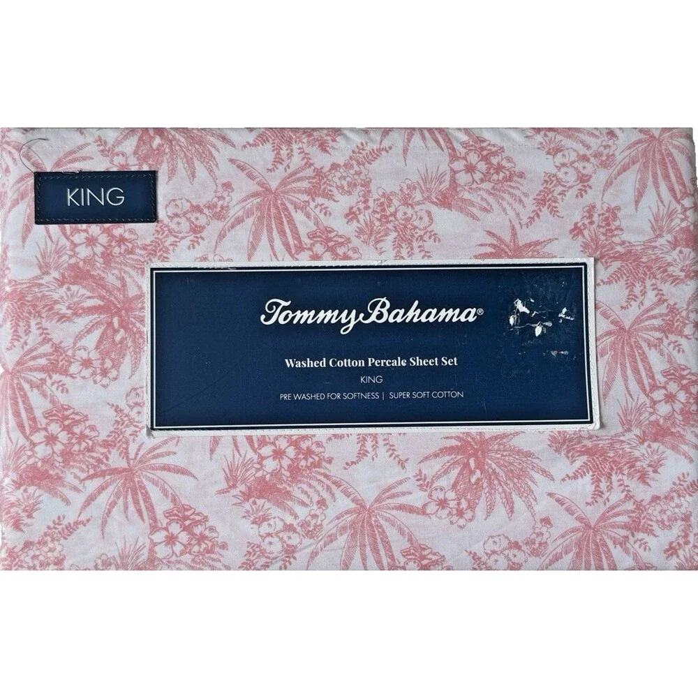 Tommy Bahama 4pc King Sheet Set Pen and Ink 100% Cotton Percale Palm Pink NIP